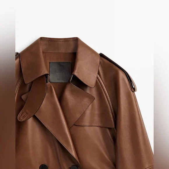 Massimo Dutti leather trench coat brown belted classic casual jacket - Picture 10 of 13